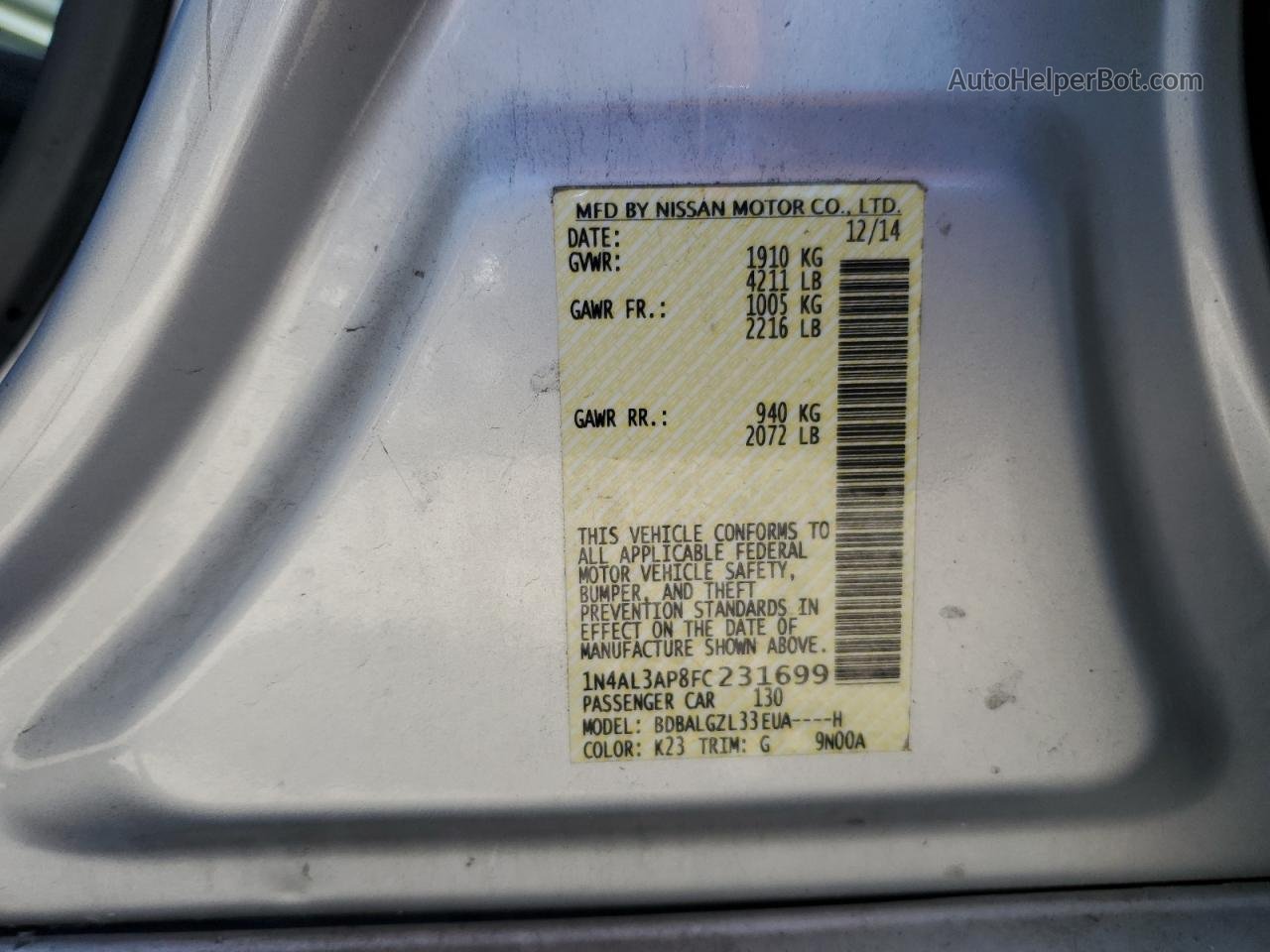 2015 Nissan Altima 2.5 Silver vin: 1N4AL3AP8FC231699