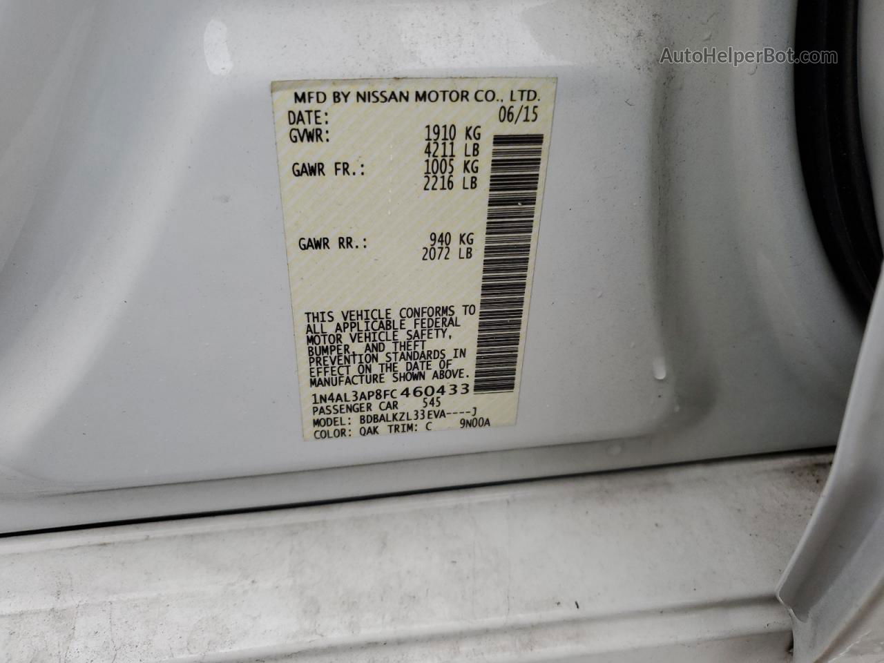 2015 Nissan Altima 2.5 White vin: 1N4AL3AP8FC460433