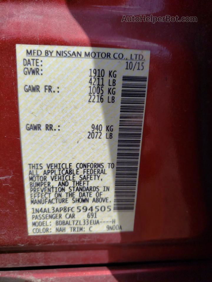 2015 Nissan Altima 2.5 Red vin: 1N4AL3AP8FC594505