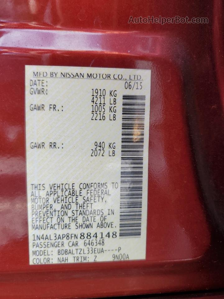2015 Nissan Altima 2.5 Red vin: 1N4AL3AP8FN884148