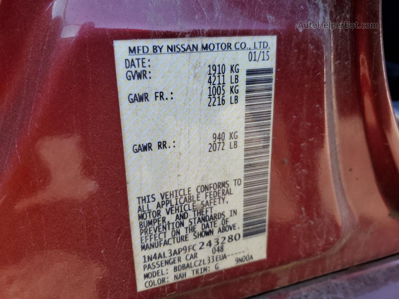 2015 Nissan Altima 2.5 Maroon vin: 1N4AL3AP9FC243280