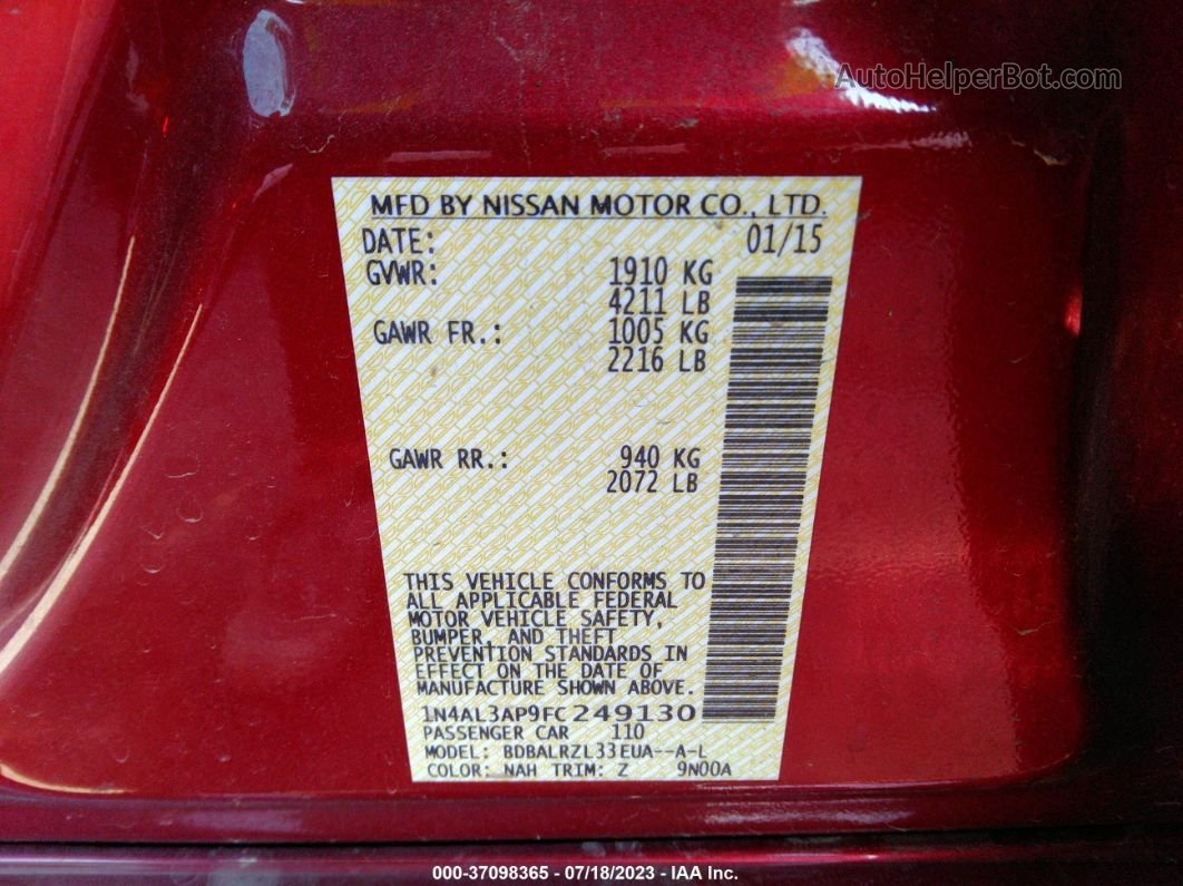 2015 Nissan Altima 2.5 Sl Red vin: 1N4AL3AP9FC249130