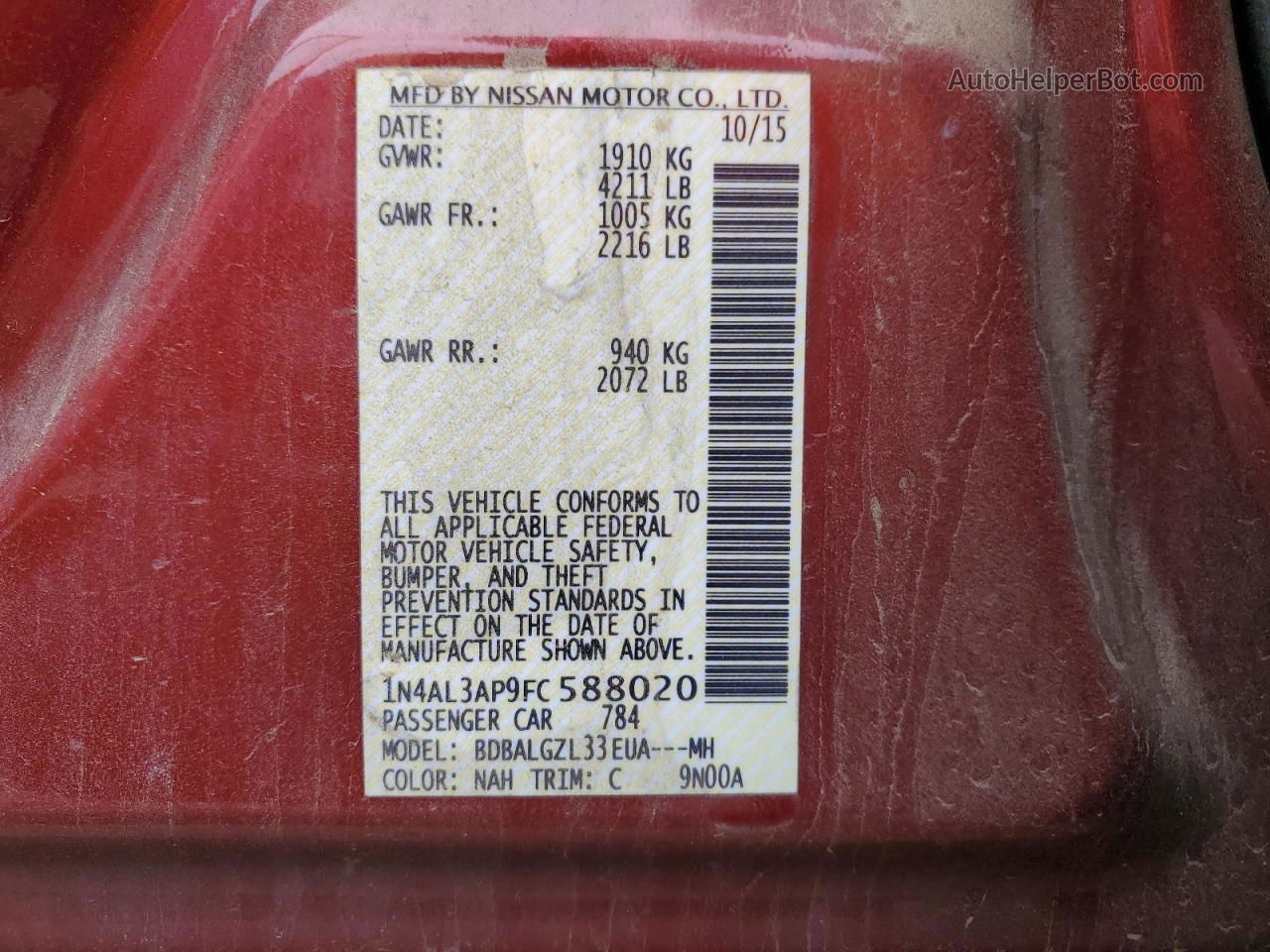 2015 Nissan Altima 2.5 Red vin: 1N4AL3AP9FC588020