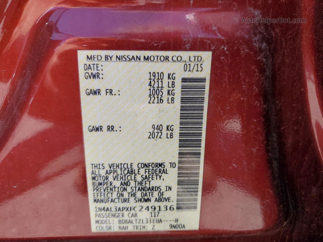 2015 Nissan Altima 2.5 Red vin: 1N4AL3APXFC249136