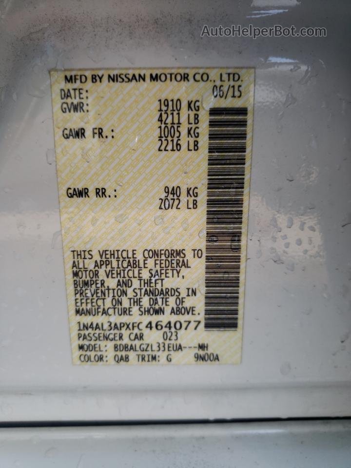 2015 Nissan Altima 2.5 Белый vin: 1N4AL3APXFC464077