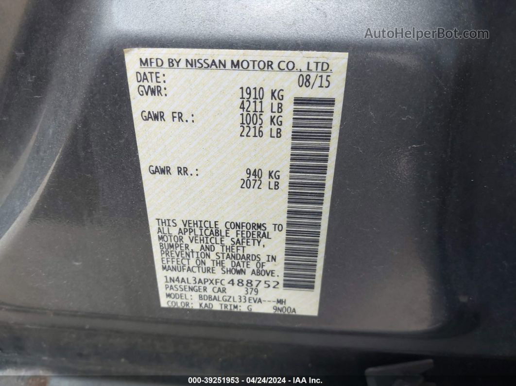 2015 Nissan Altima 2.5 S Gray vin: 1N4AL3APXFC488752