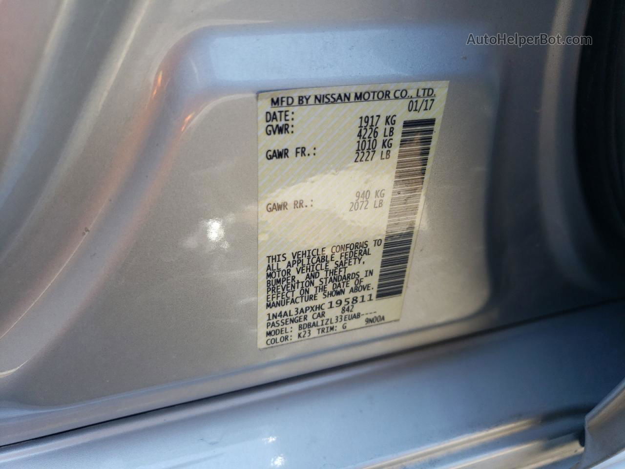 2017 Nissan Altima 2.5 Silver vin: 1N4AL3APXHC195811