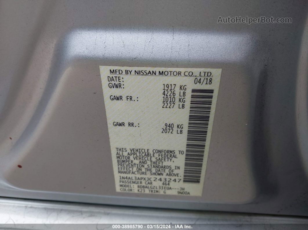 2018 Nissan Altima 2.5 S Silver vin: 1N4AL3APXJC243247