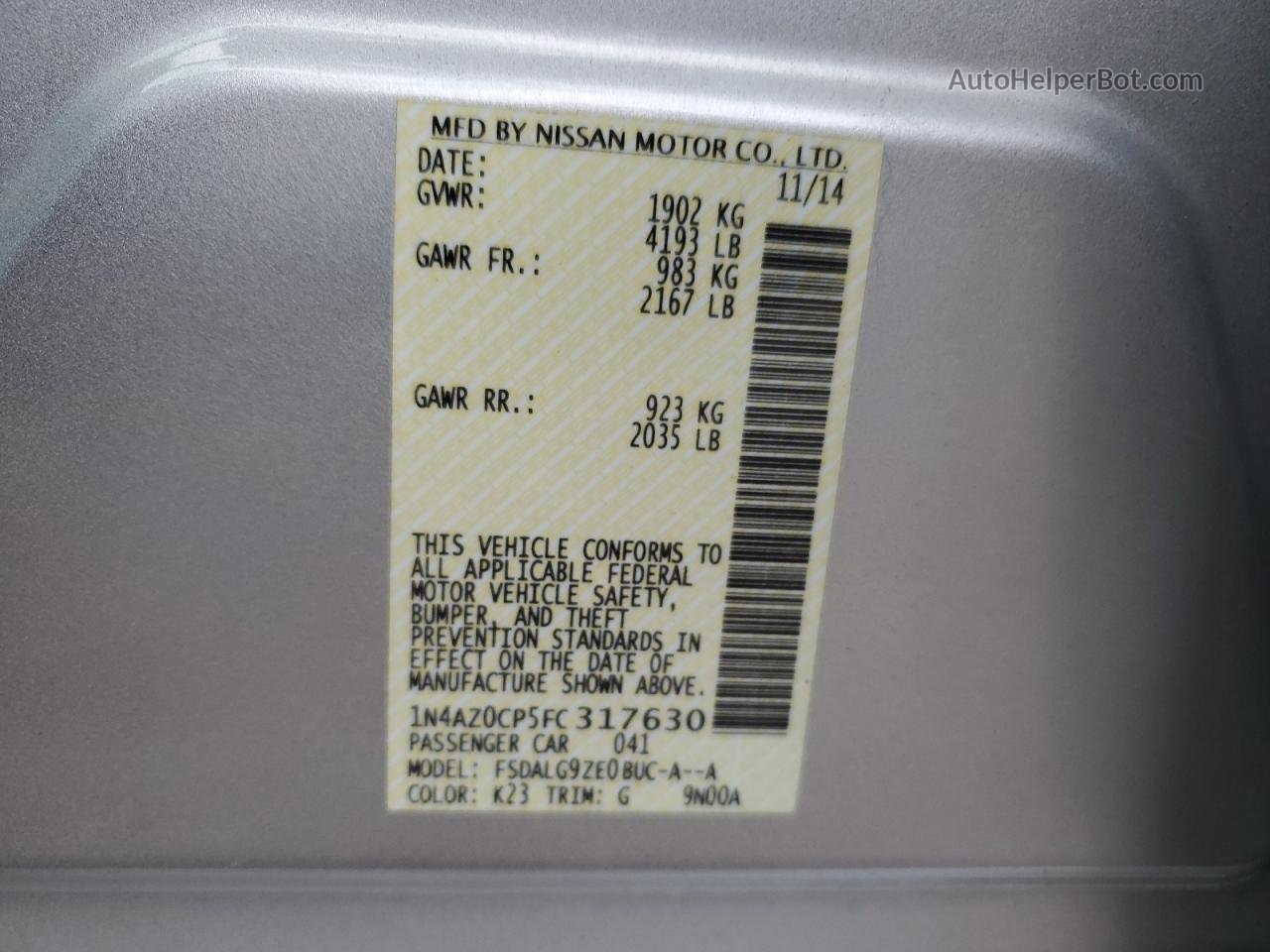 2015 Nissan Leaf S Silver vin: 1N4AZ0CP5FC317630