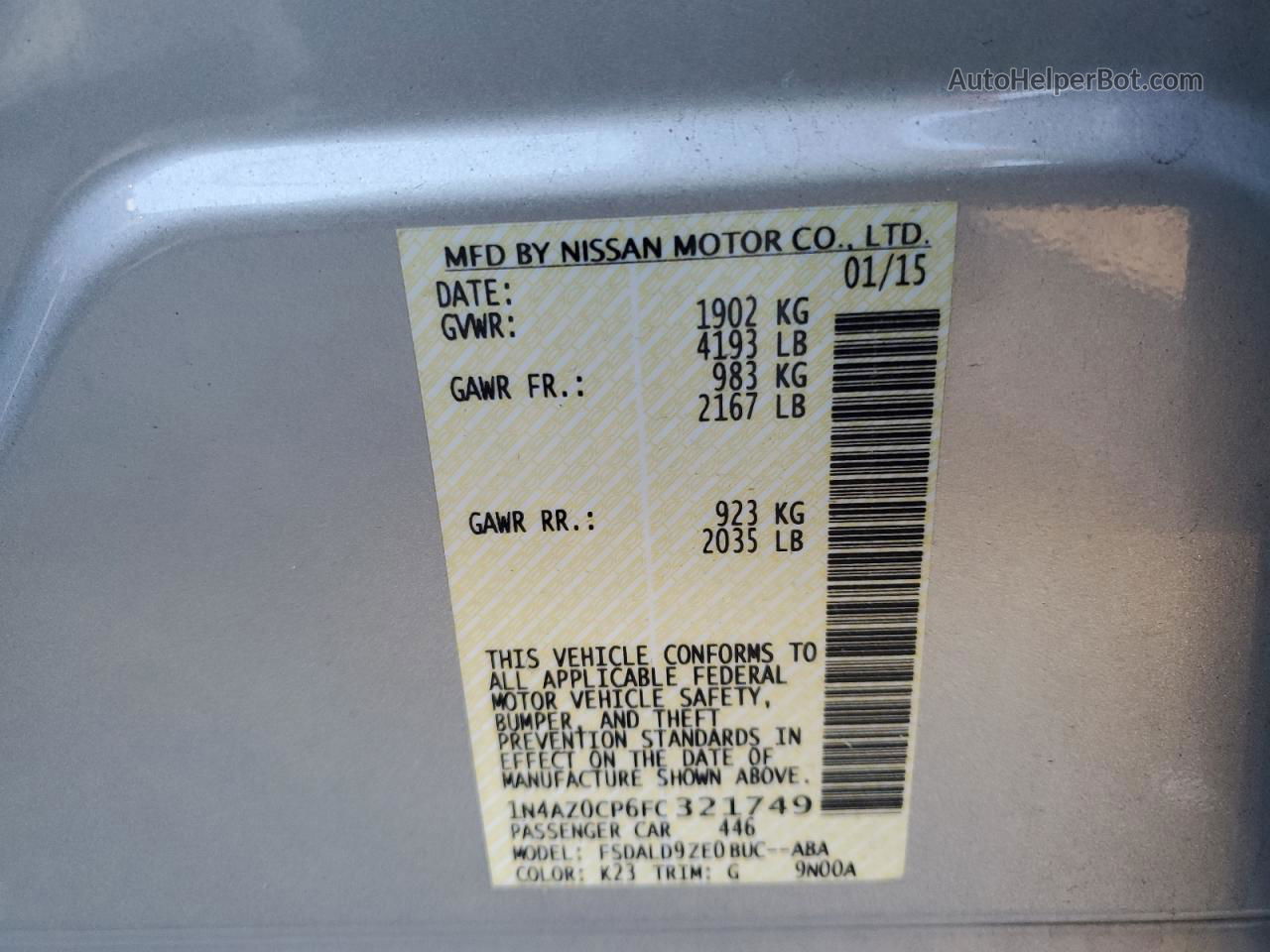 2015 Nissan Leaf S Серебряный vin: 1N4AZ0CP6FC321749