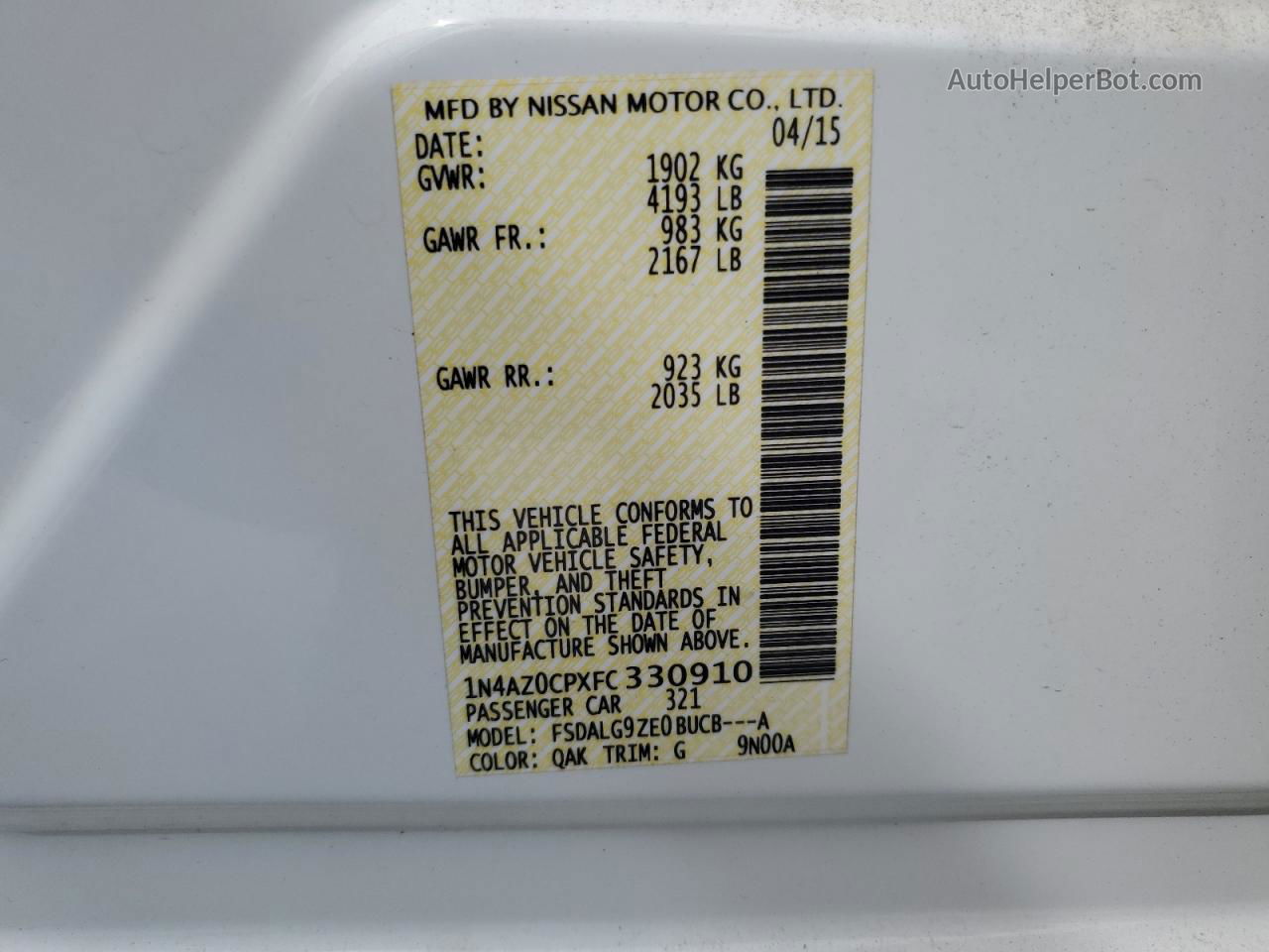 2015 Nissan Leaf S White vin: 1N4AZ0CPXFC330910