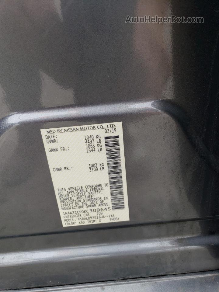 2019 Nissan Leaf S Серый vin: 1N4AZ1CP0KC309645