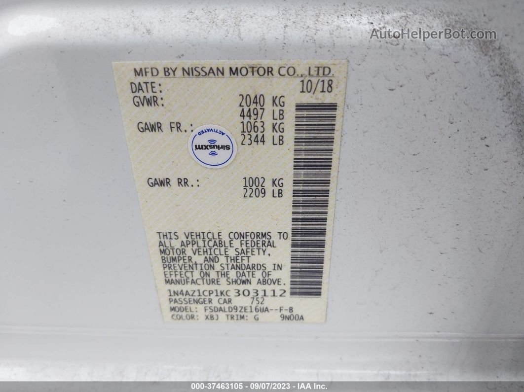 2019 Nissan Leaf Sv White vin: 1N4AZ1CP1KC303112