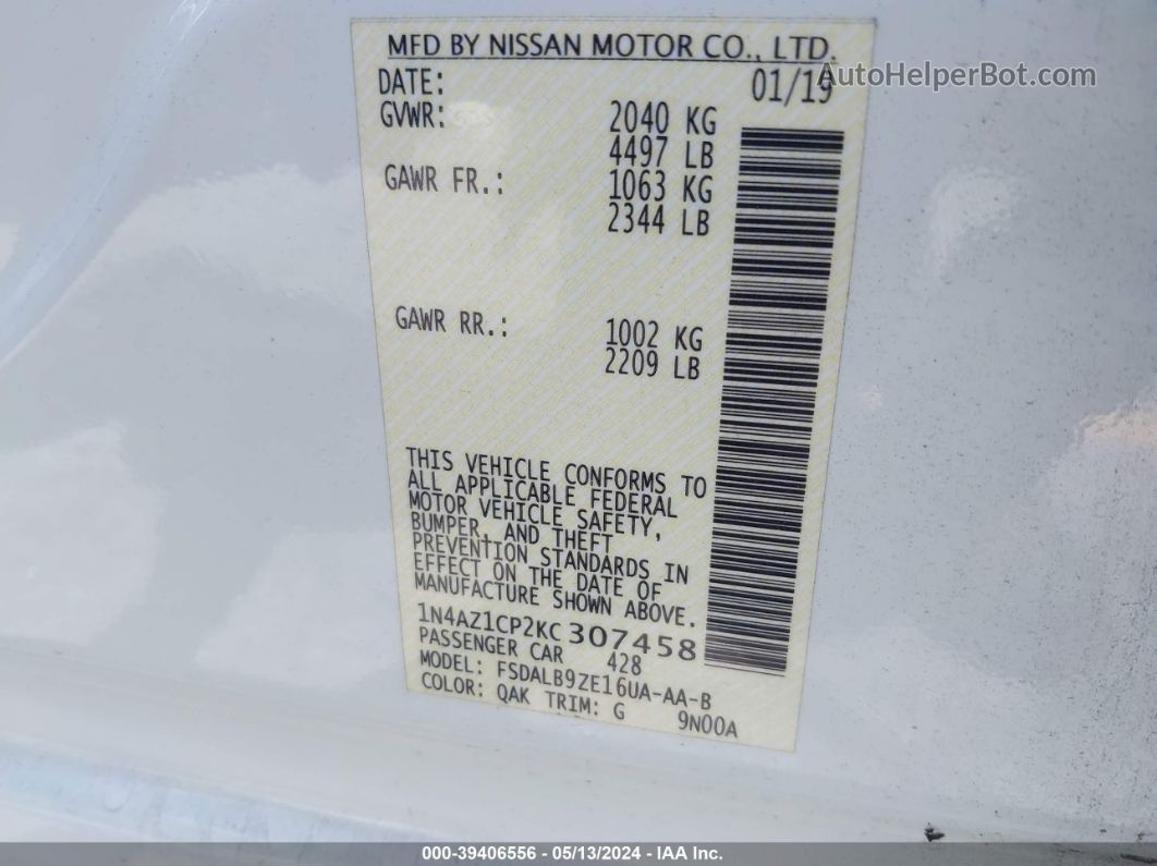 2019 Nissan Leaf S White vin: 1N4AZ1CP2KC307458