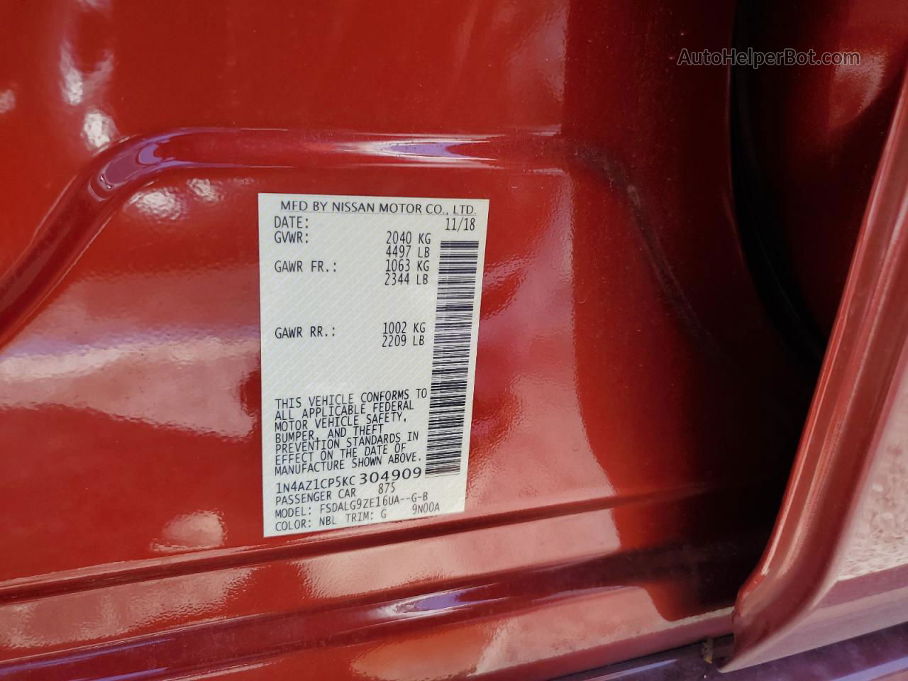 2019 Nissan Leaf S Red vin: 1N4AZ1CP5KC304909