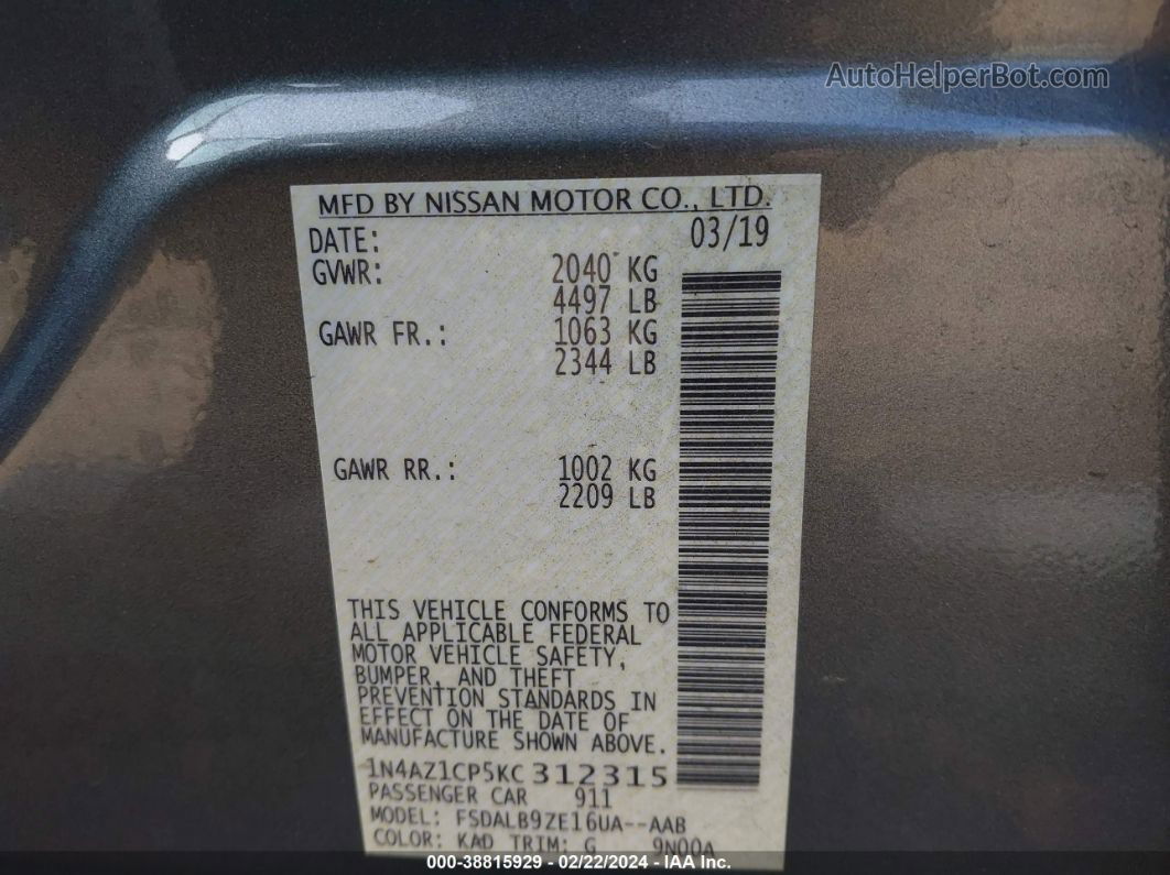 2019 Nissan Leaf S Gray vin: 1N4AZ1CP5KC312315