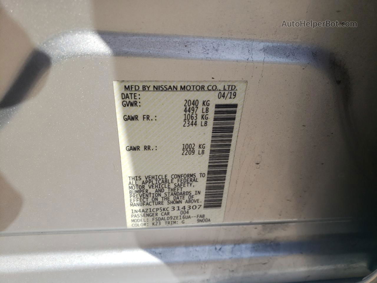 2019 Nissan Leaf S Silver vin: 1N4AZ1CP5KC314307