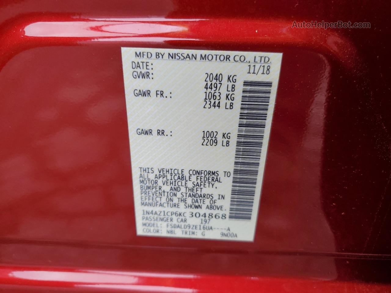 2019 Nissan Leaf S Red vin: 1N4AZ1CP6KC304868
