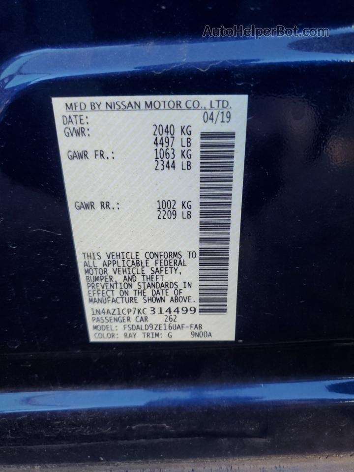 2019 Nissan Leaf S Синий vin: 1N4AZ1CP7KC314499