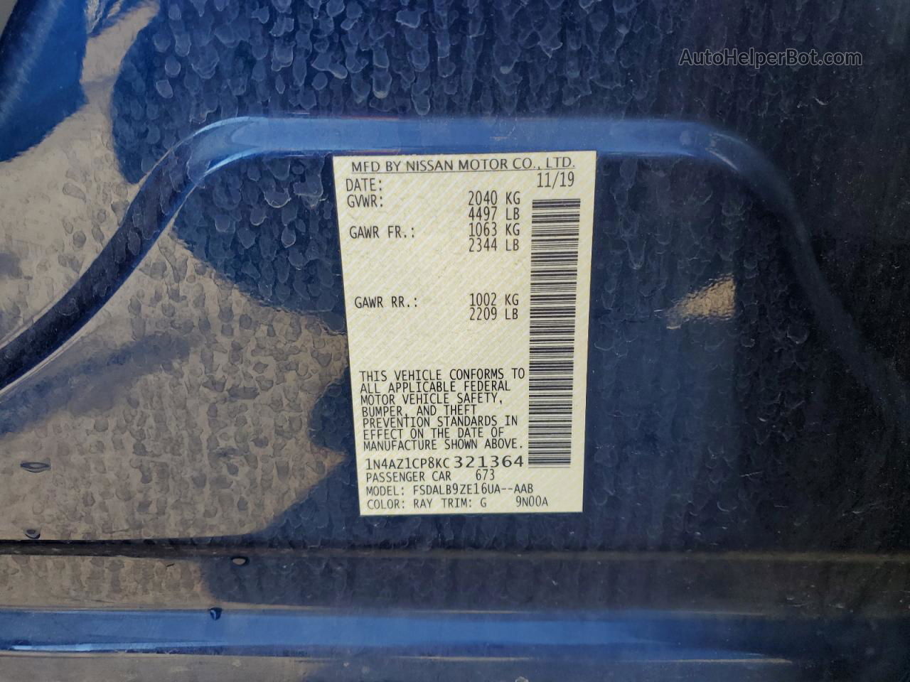2019 Nissan Leaf S Blue vin: 1N4AZ1CP8KC321364