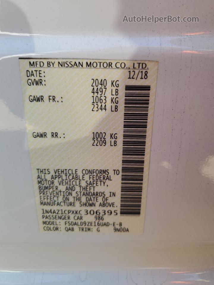 2019 Nissan Leaf S White vin: 1N4AZ1CPXKC306395