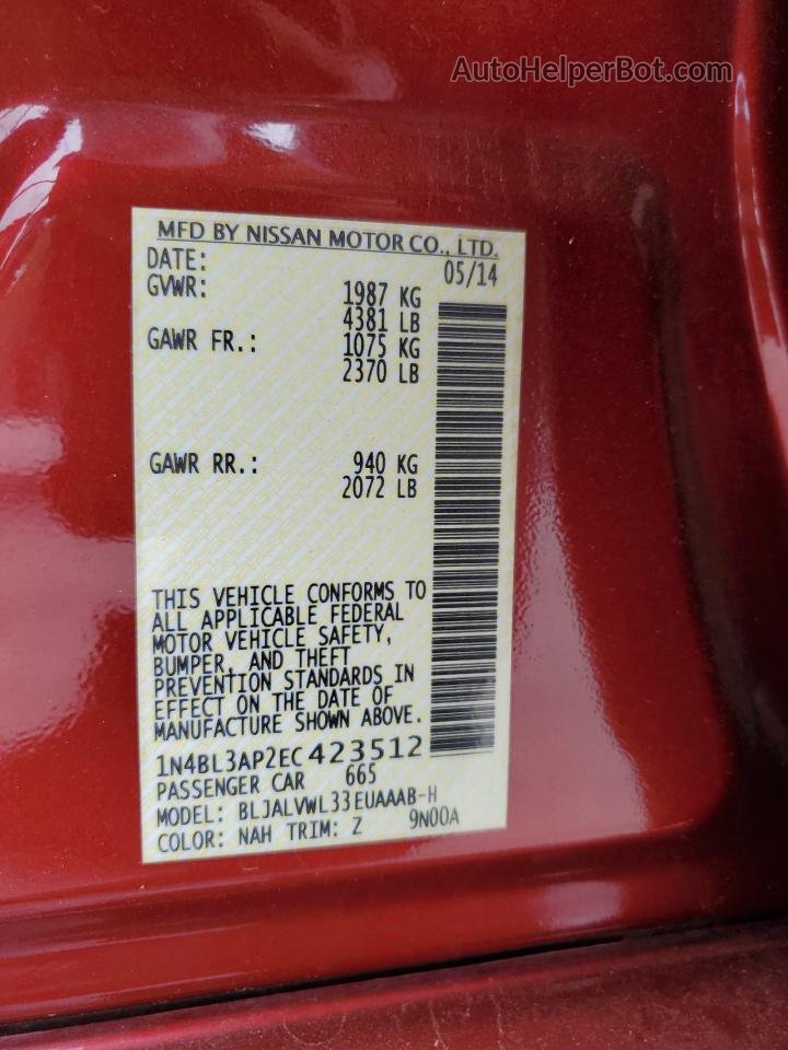 2014 Nissan Altima 3.5s Red vin: 1N4BL3AP2EC423512