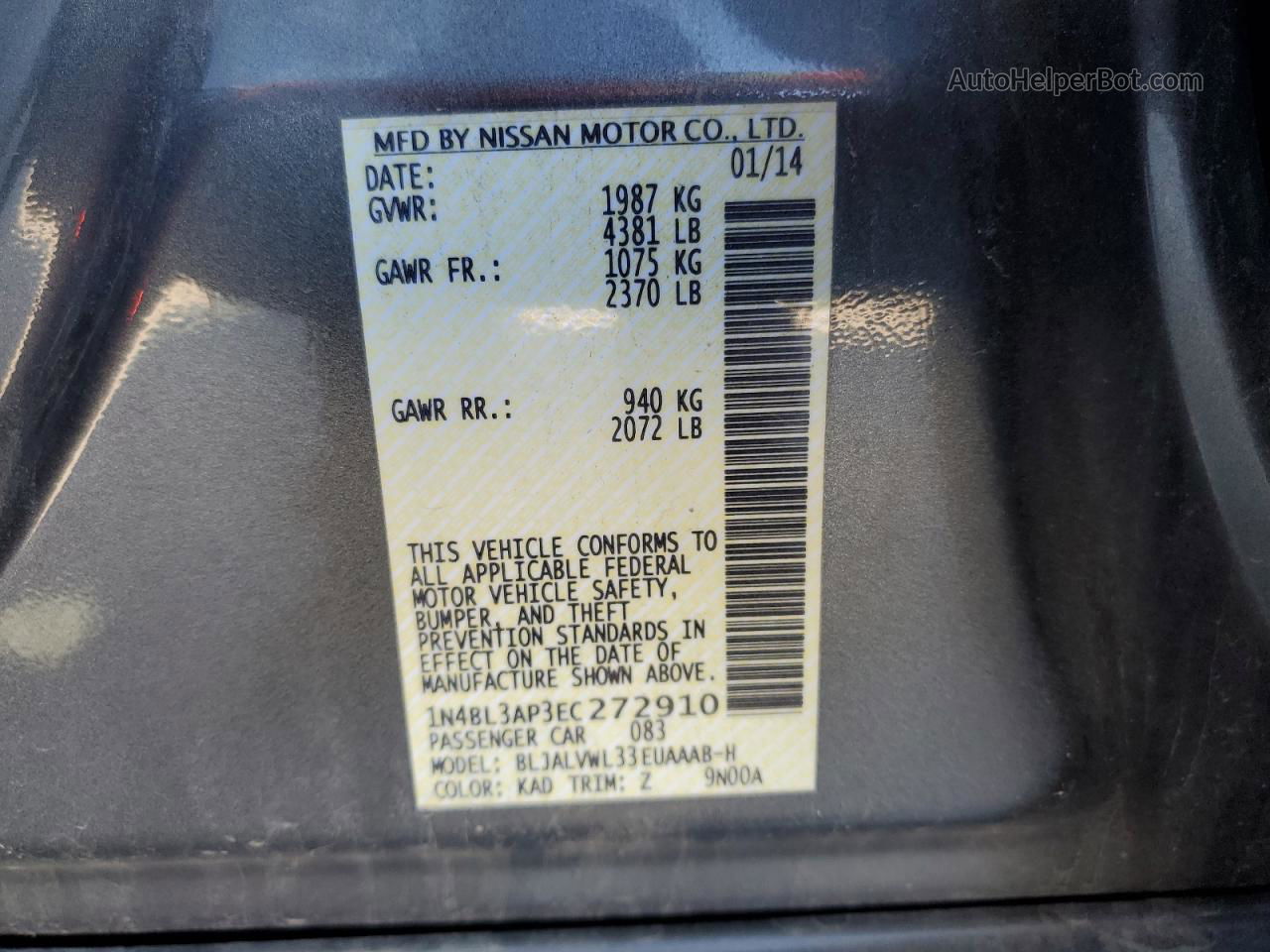 2014 Nissan Altima 3.5s Угольный vin: 1N4BL3AP3EC272910