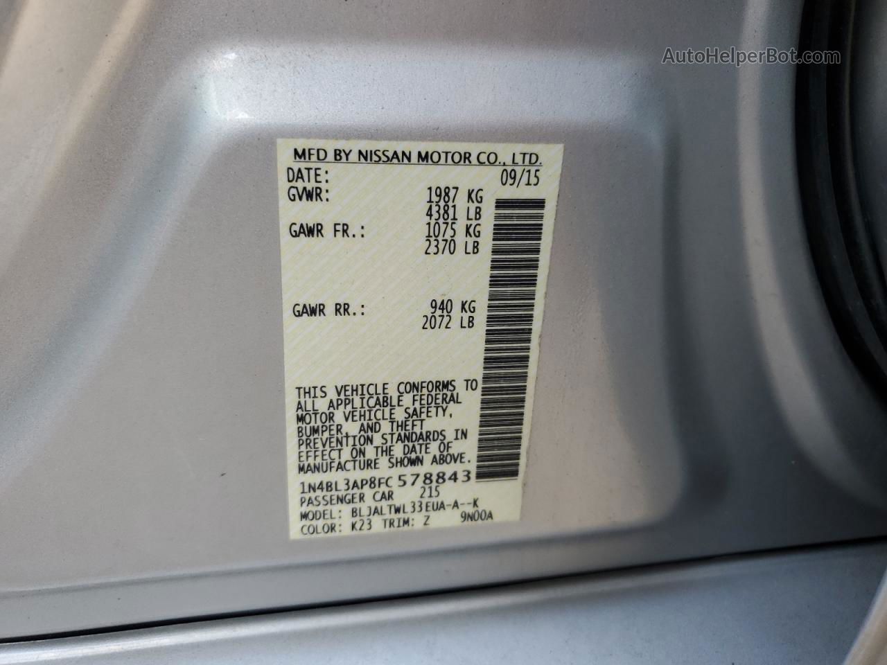 2015 Nissan Altima 3.5s Silver vin: 1N4BL3AP8FC578843