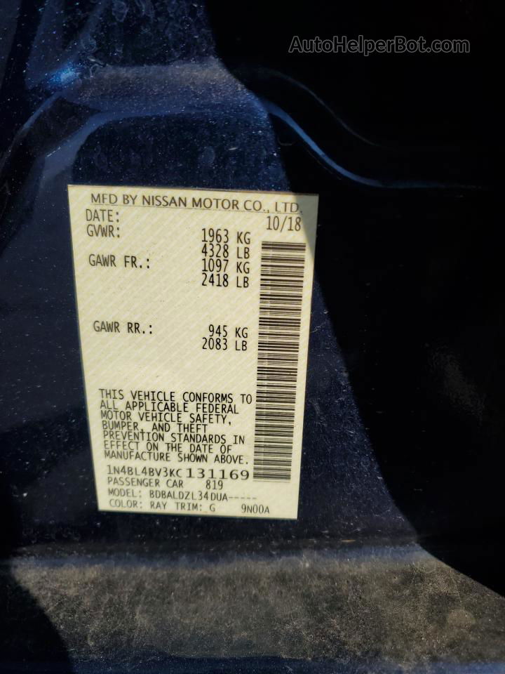 2019 Nissan Altima S Синий vin: 1N4BL4BV3KC131169