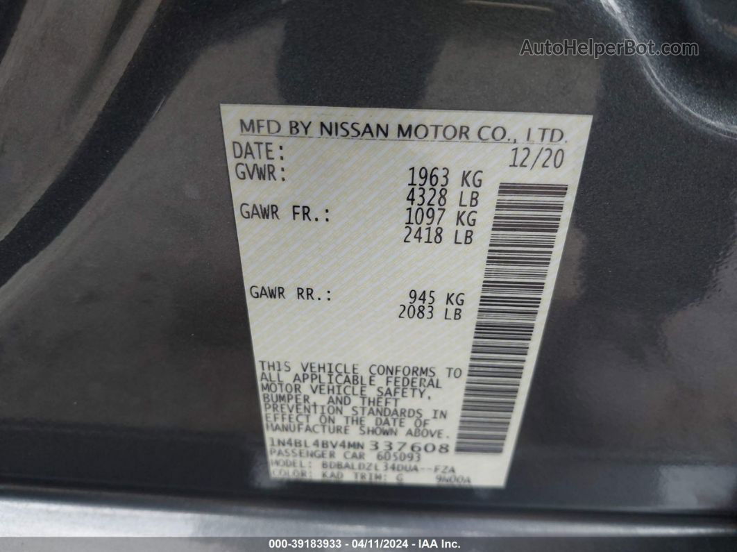 2021 Nissan Altima S Fwd Gray vin: 1N4BL4BV4MN337608