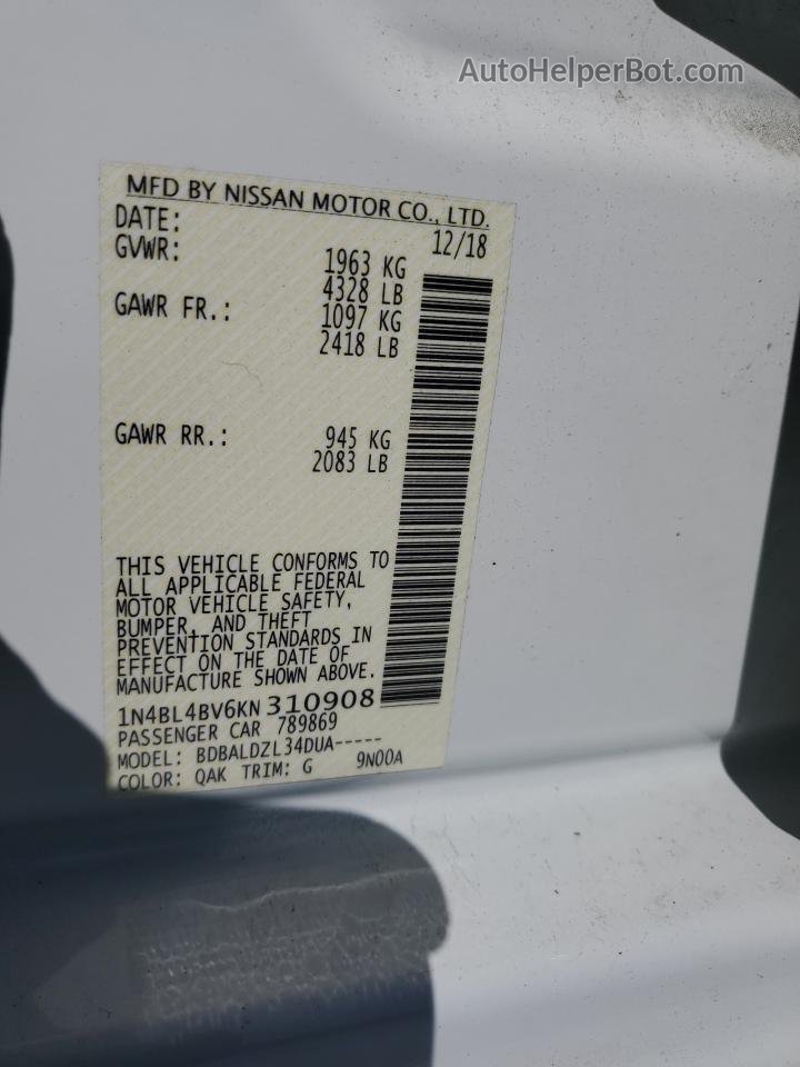 2019 Nissan Altima S Белый vin: 1N4BL4BV6KN310908