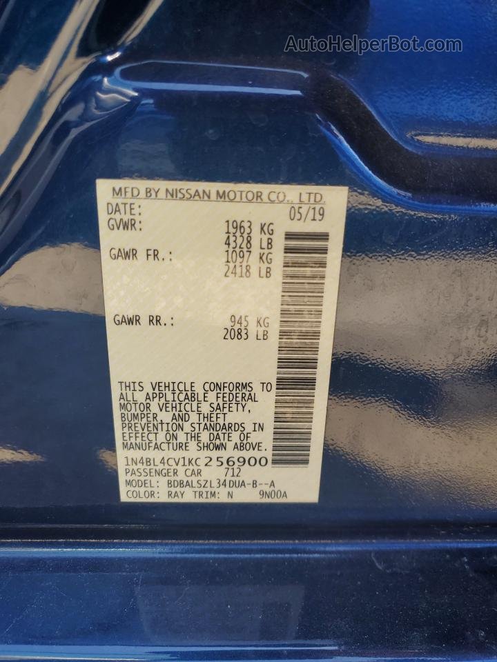 2019 Nissan Altima Sr Blue vin: 1N4BL4CV1KC256900