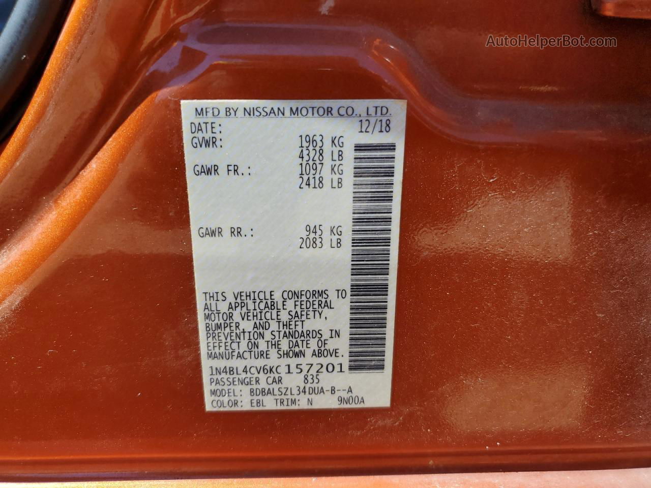 2019 Nissan Altima Sr Orange vin: 1N4BL4CV6KC157201