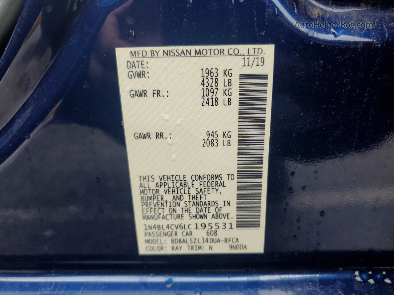 2020 Nissan Altima Sr Blue vin: 1N4BL4CV6LC195531