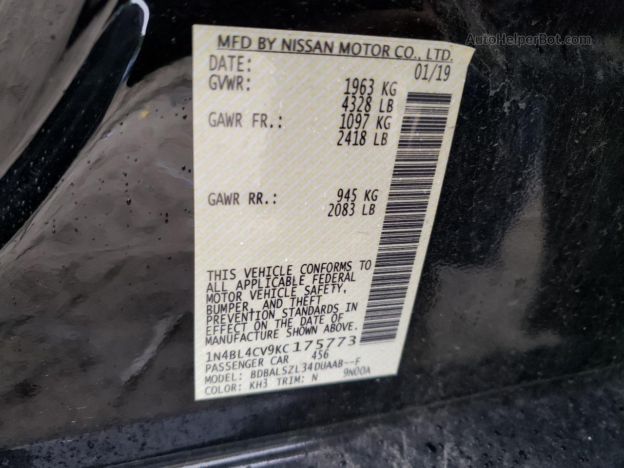 2019 Nissan Altima Sr Черный vin: 1N4BL4CV9KC175773