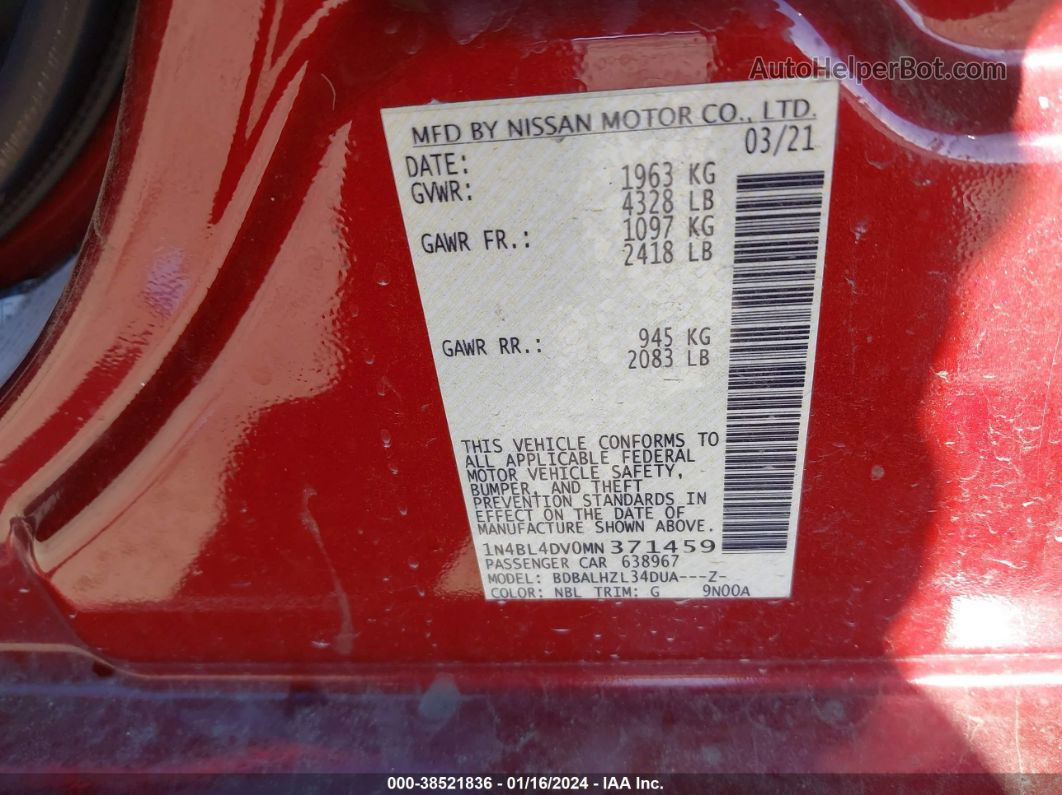 2021 Nissan Altima Sv Fwd Red vin: 1N4BL4DV0MN371459