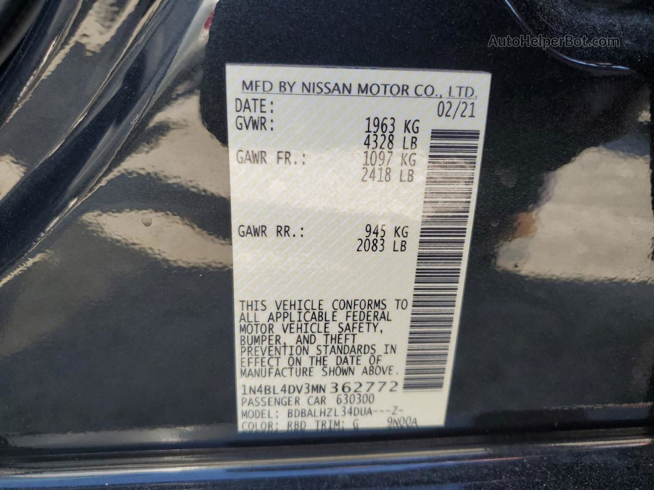 2021 Nissan Altima Sv Black vin: 1N4BL4DV3MN362772