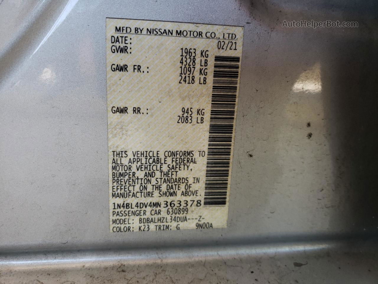 2021 Nissan Altima Sv Silver vin: 1N4BL4DV4MN363378