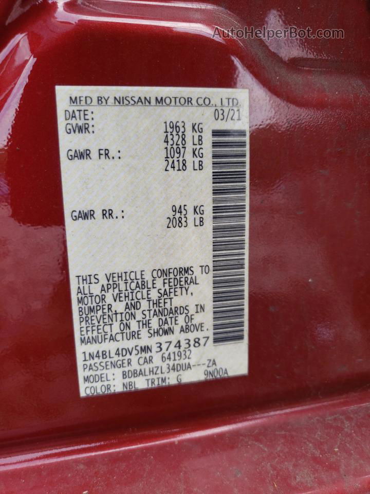 2021 Nissan Altima Sv Red vin: 1N4BL4DV5MN374387