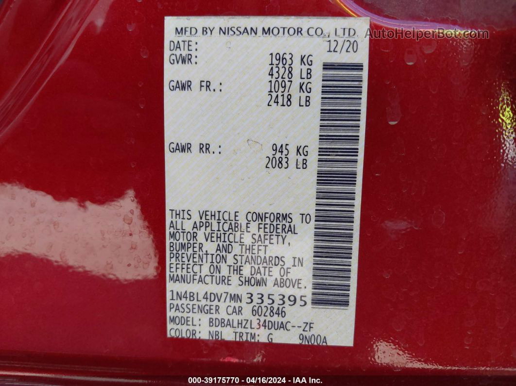 2021 Nissan Altima Sv Fwd Красный vin: 1N4BL4DV7MN335395