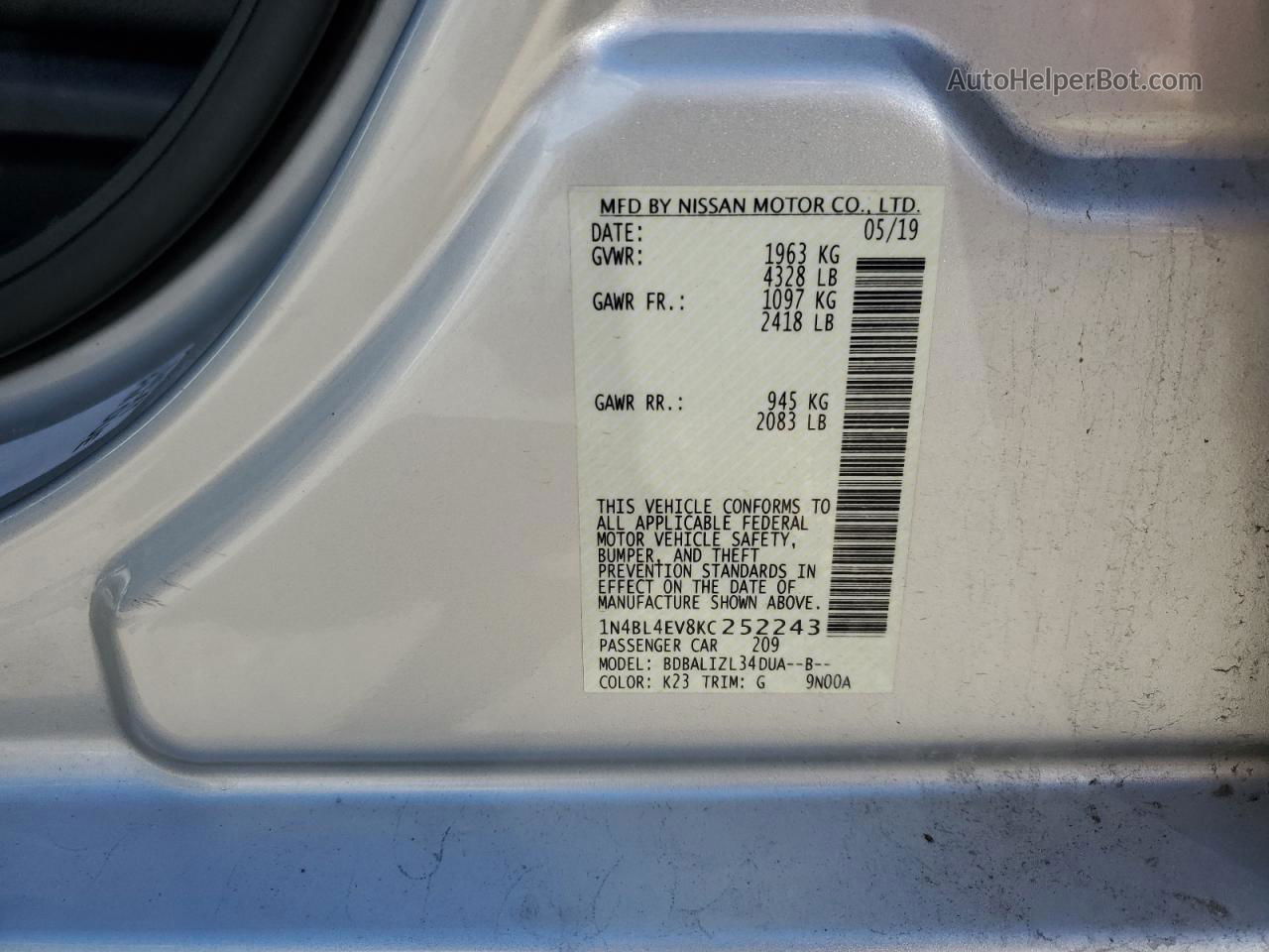 2019 Nissan Altima Sl Silver vin: 1N4BL4EV8KC252243