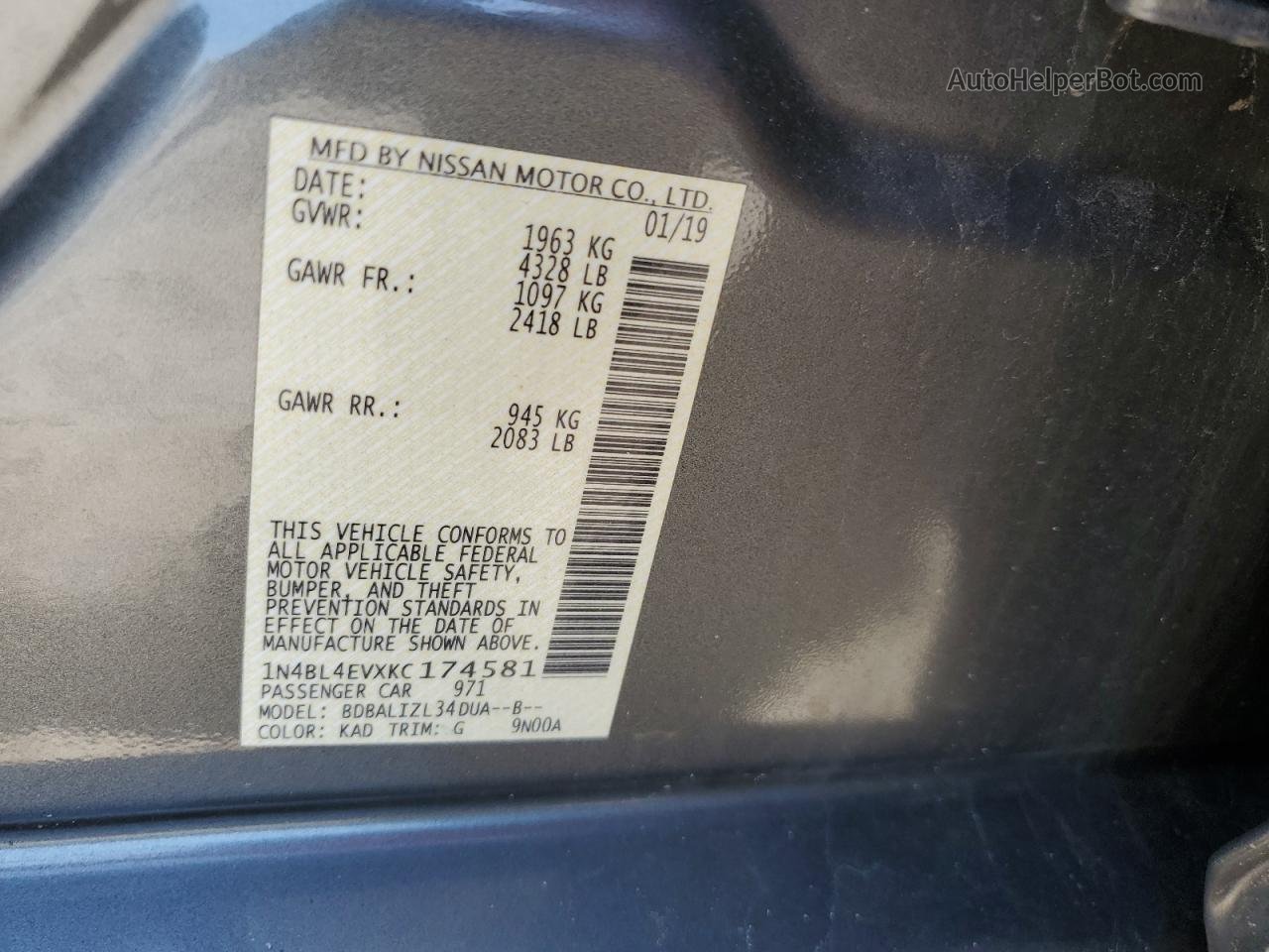 2019 Nissan Altima Sl Gray vin: 1N4BL4EVXKC174581