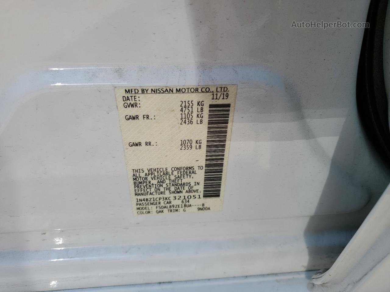 2019 Nissan Leaf S Plus White vin: 1N4BZ1CP3KC321051