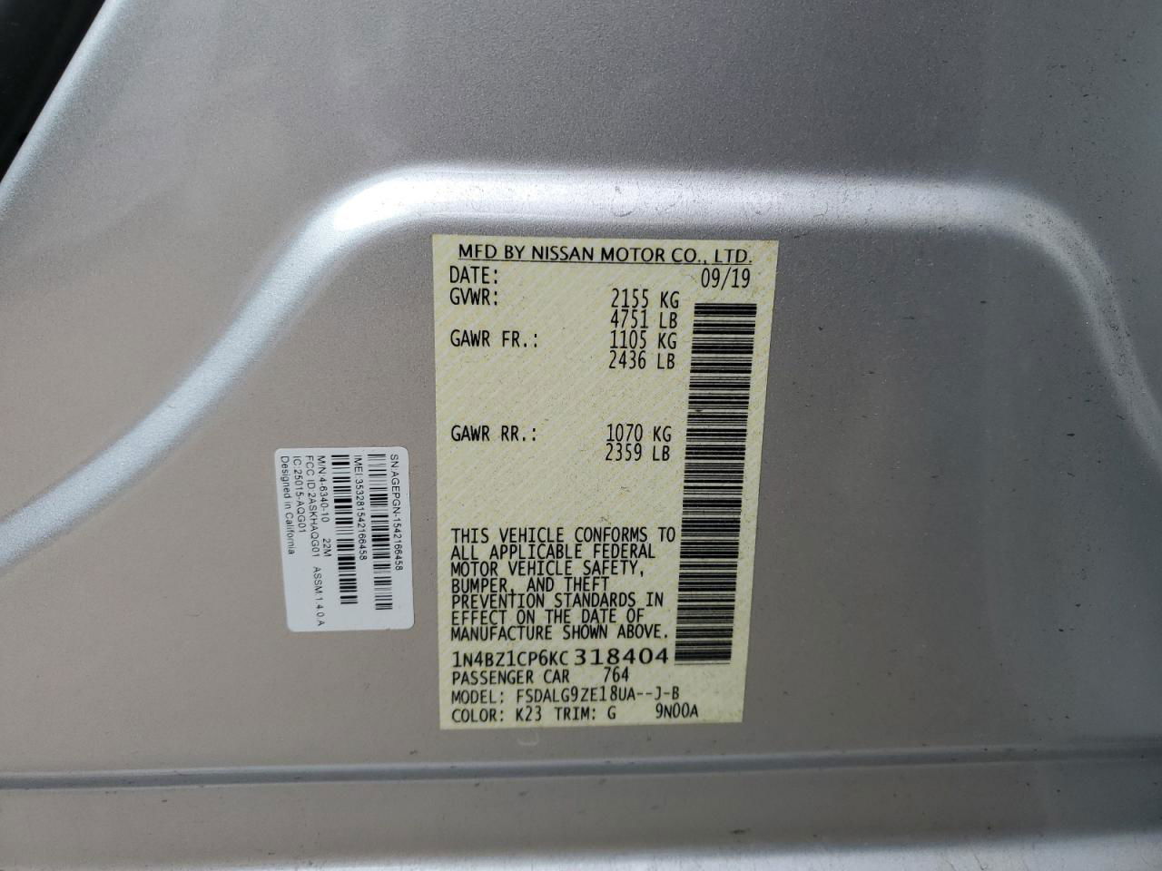 2019 Nissan Leaf S Plus Silver vin: 1N4BZ1CP6KC318404