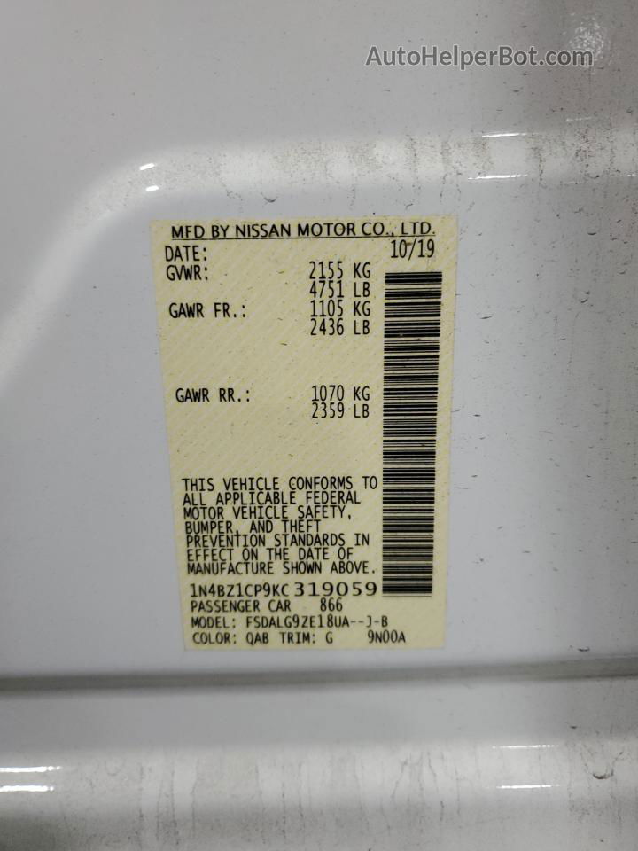 2019 Nissan Leaf S Plus White vin: 1N4BZ1CP9KC319059