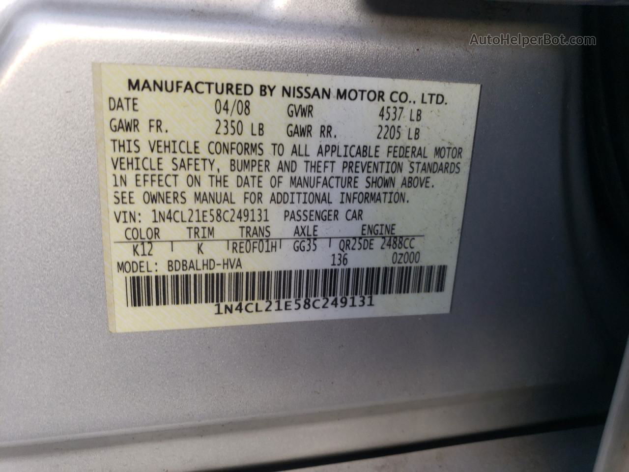 2008 Nissan Altima Hybrid Silver vin: 1N4CL21E58C249131