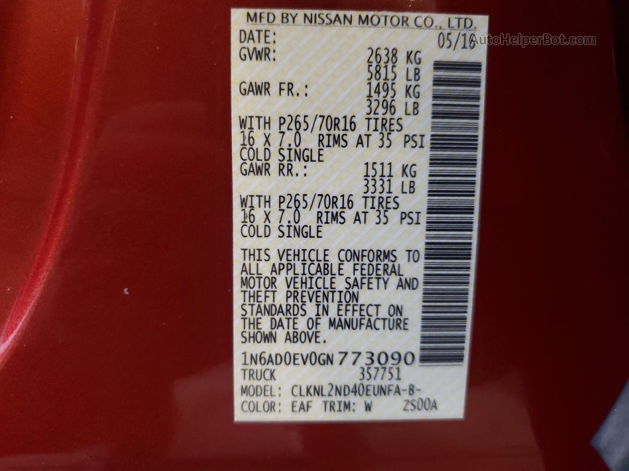2016 Nissan Frontier S Красный vin: 1N6AD0EV0GN773090