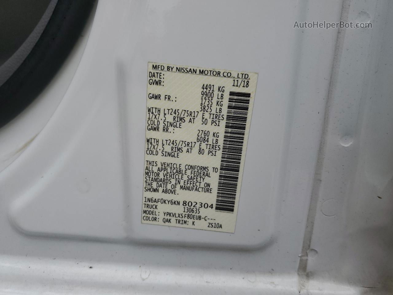 2019 Nissan Nv 2500 S White vin: 1N6AF0KY6KN802304