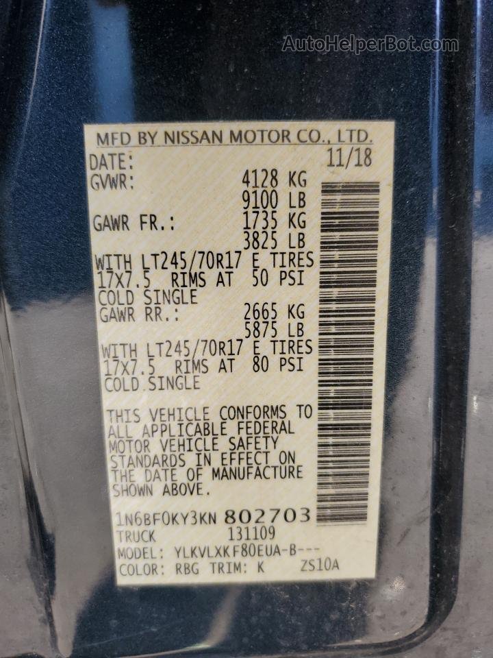 2019 Nissan Nv 2500 S Blue vin: 1N6BF0KY3KN802703