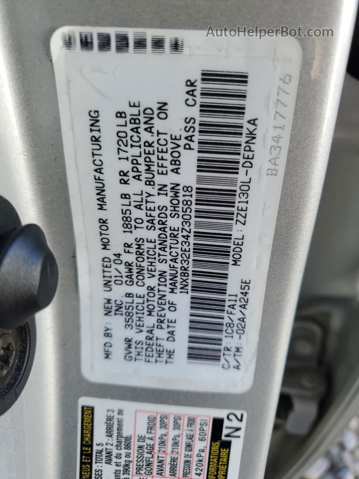 2004 Toyota Corolla Ce Silver vin: 1NXBR32E34Z305818